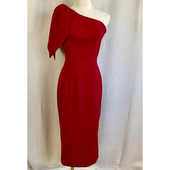 NWT Dress The Population Tiffany One Shoulder Bow Crepe Midi Cocktail Dress Red - Picture 3 of 9